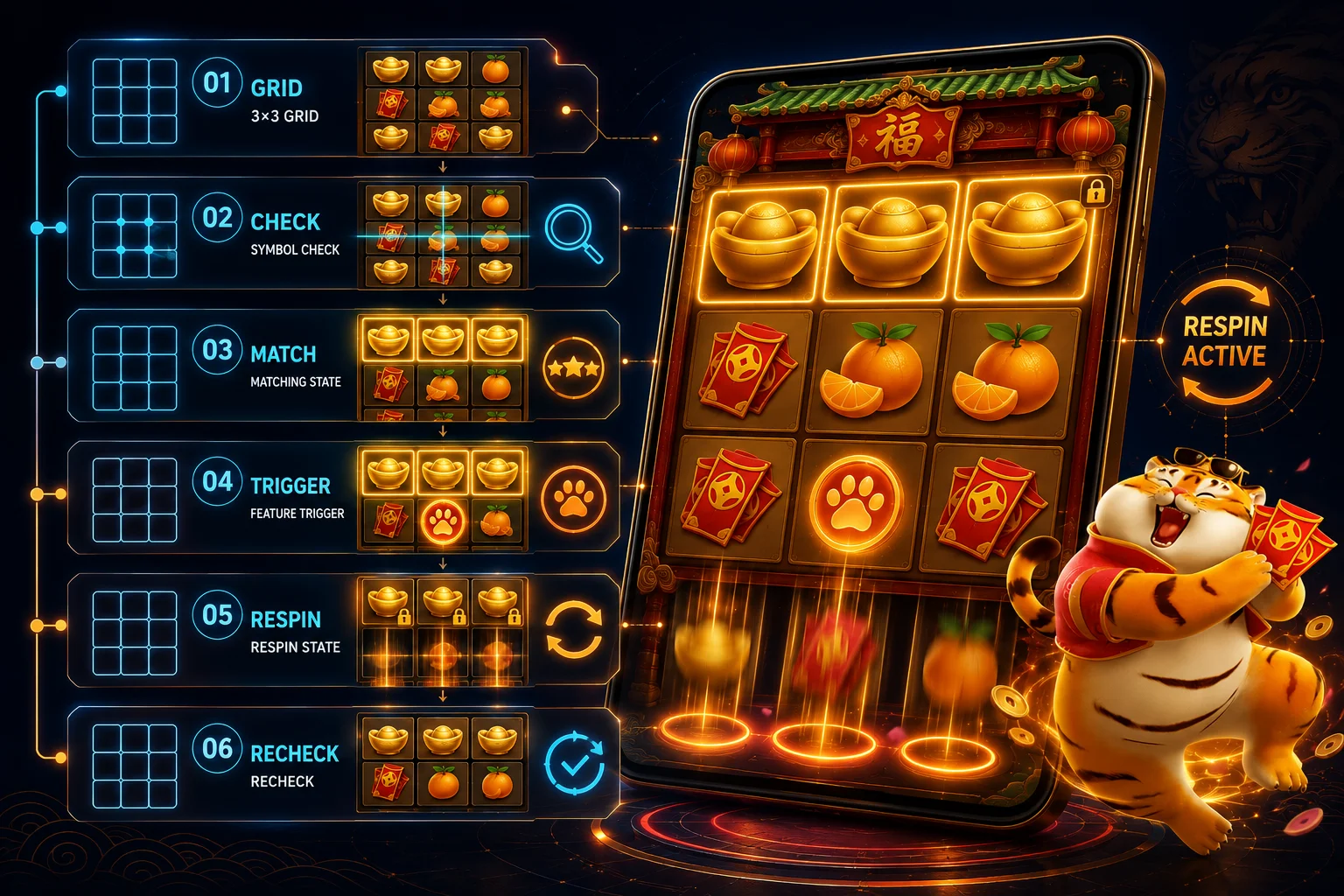 Fortune Tiger Gameplay Framework อธิบาย 3x3 Grid Matching Symbols และ Respin