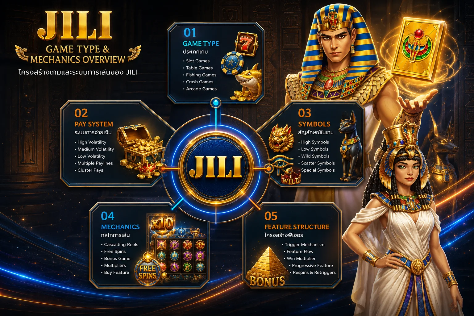 ภาพอธิบายประเภทเกมและกลไกเกมสล็อต JILI