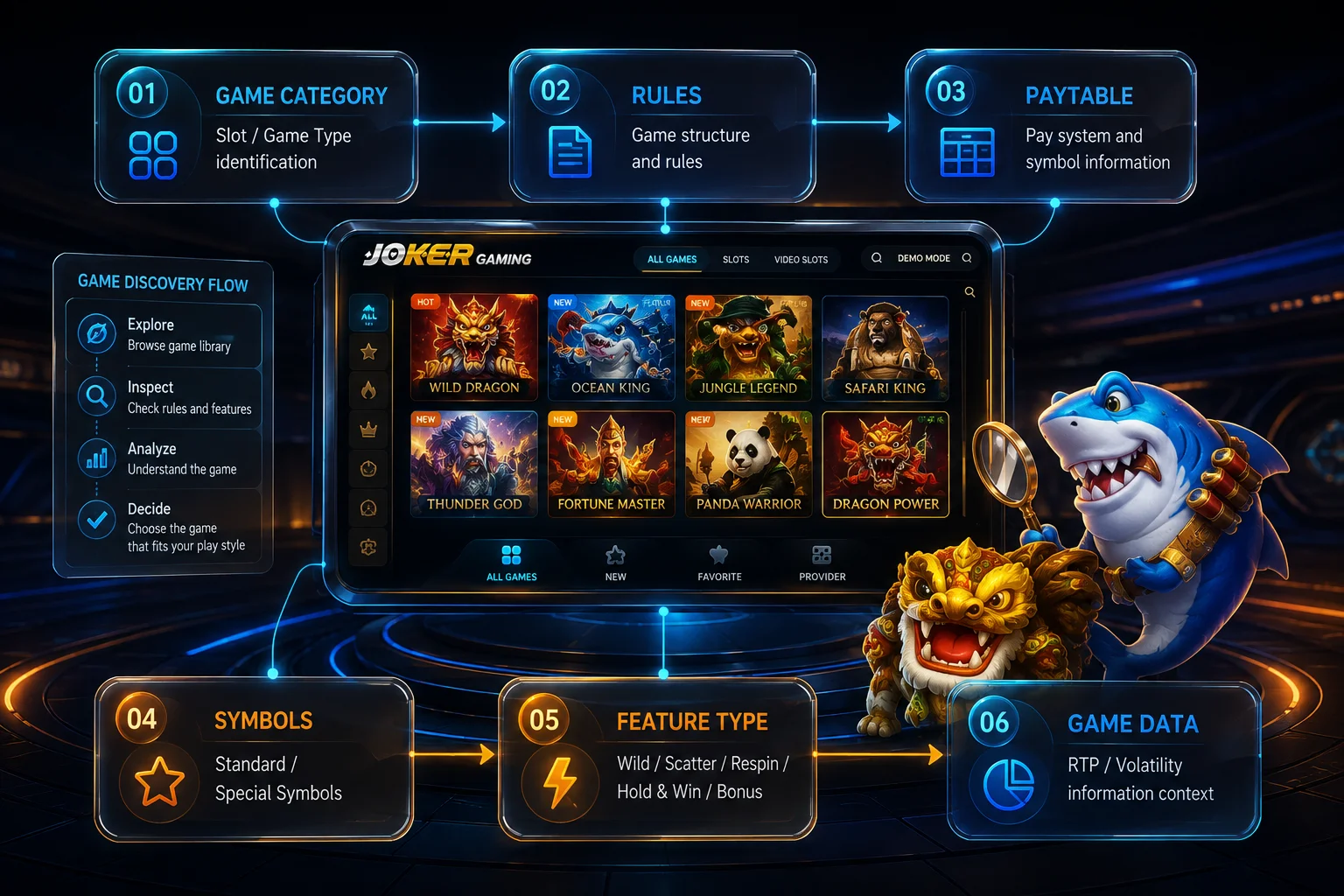 Joker Gaming Game Discovery Overview สำหรับสำรวจประเภทเกม Rules Paytable Symbols Features และข้อมูลเกม