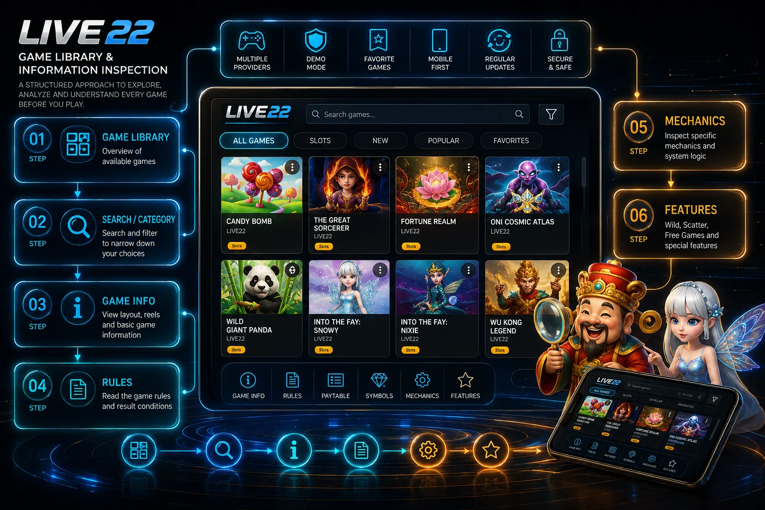 LIVE22 Game Library Inspection Overview สำหรับสำรวจ Library Game Info Rules Mechanics และ Features