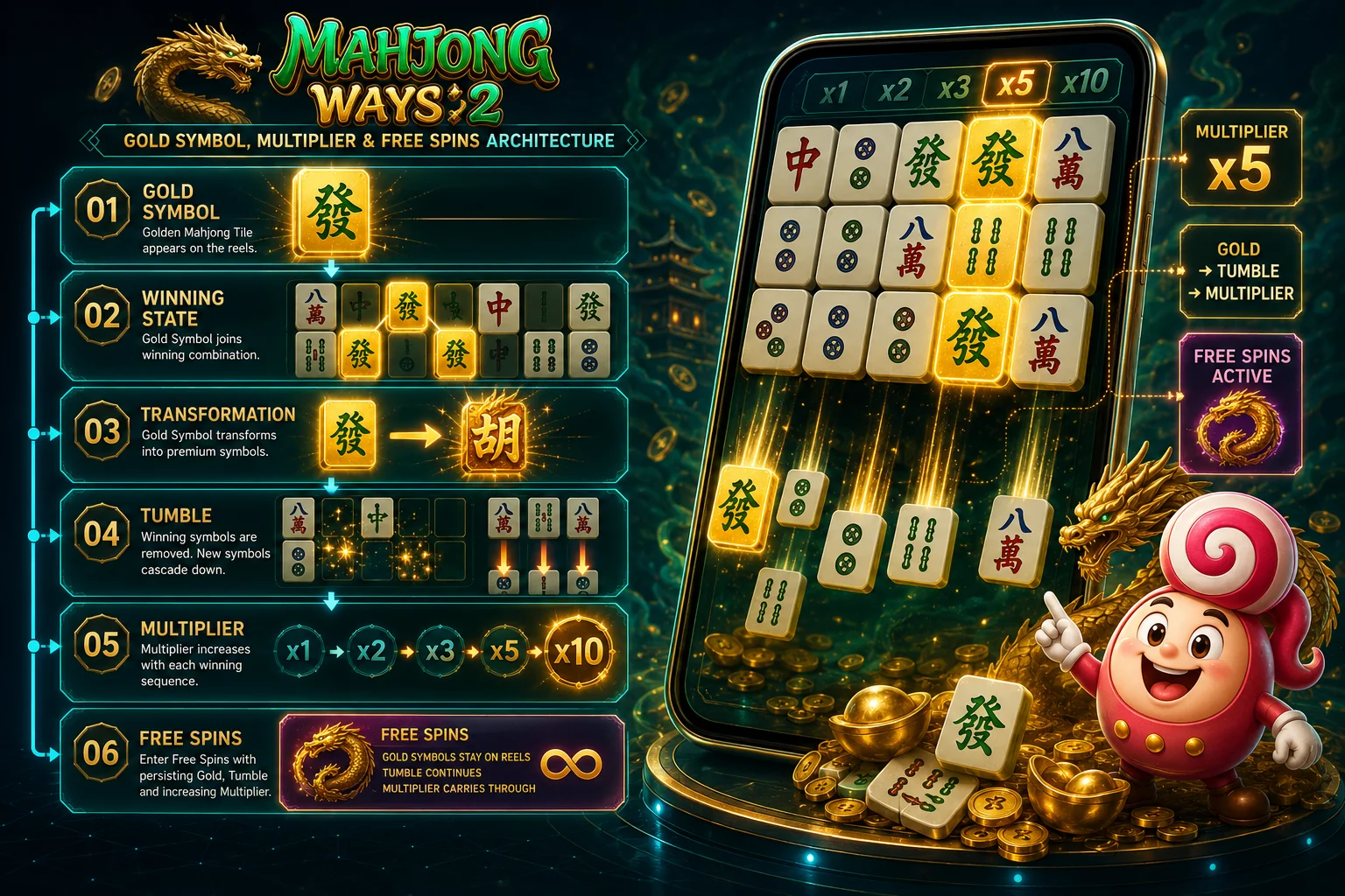 Mahjong Ways 2 Gold Symbol Multiplier และ Free Spins Framework