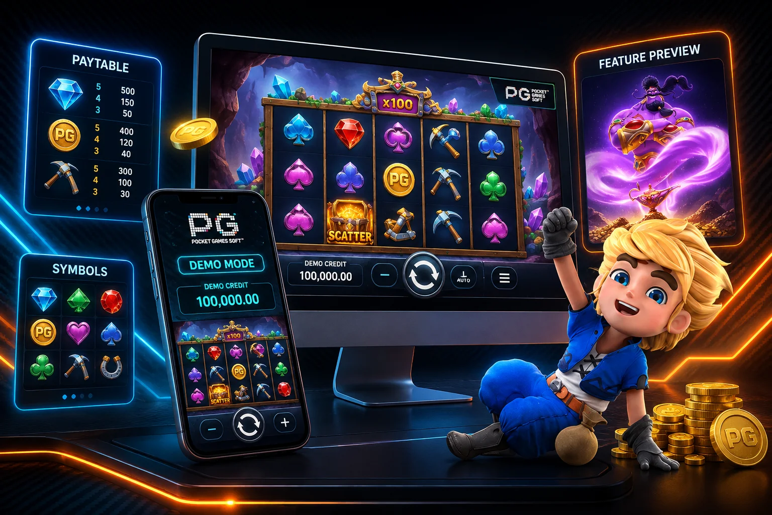 ภาพอธิบายการทดลองเล่นสล็อต PG ในโหมด Demo บนมือถือและเดสก์ท็อป