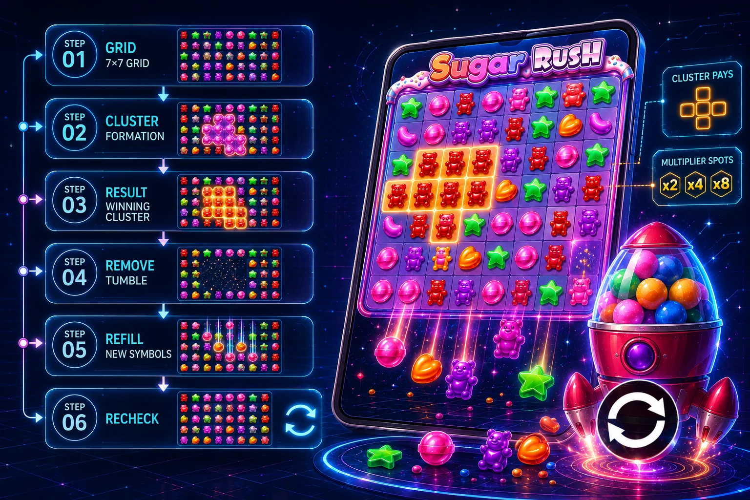 Sugar Rush Cluster Gameplay Framework อธิบาย Cluster Pays และ Tumble