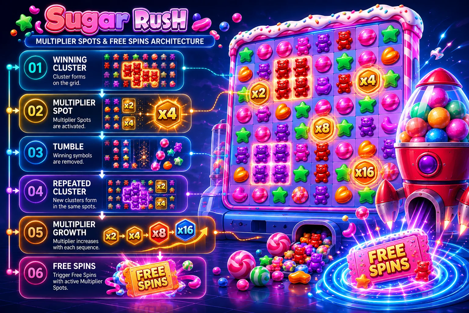 Sugar Rush Multiplier Spots และ Free Spins Framework
